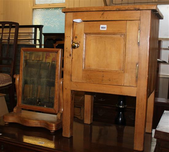 Pine bedside cupboard and a pine toilet mirror